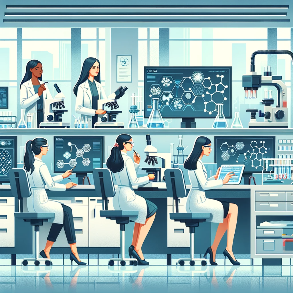 Illustrasjon som viser en gruppe kvinnelige forskere som studerer bruken av thorium til medisinske formål.