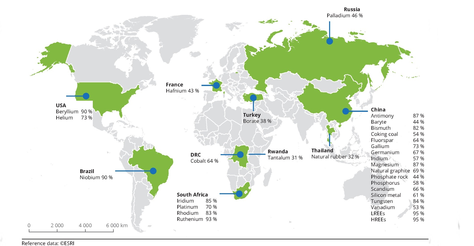Kart over land som produserer kritiske mineraler i verden.